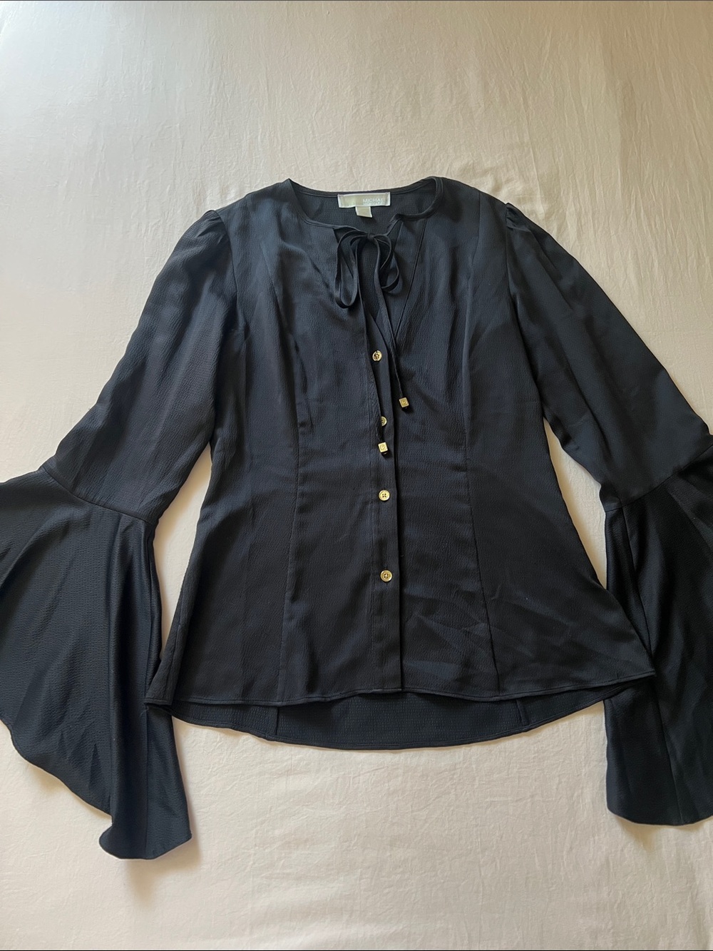 Michael Kors Black Tie-Neck Blouse with Bell Sleeves